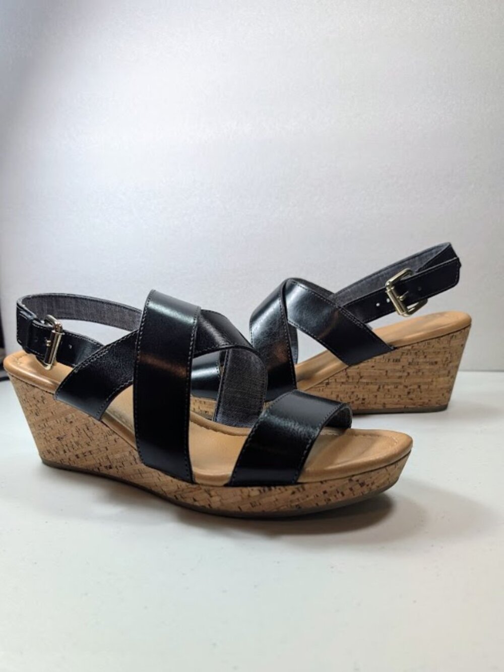 Dr Scholls Sandals Black Faux Leather Strappy Wedge Platforms Comfort Women 10M
